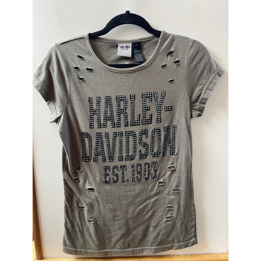 Harley-Davidson T-Shirt Womens M Olive Green Excellent Distressed Rhinestone